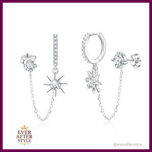 Sterling Silver Double Piercing Chain Earrings Elegant Layered Dangle Studs